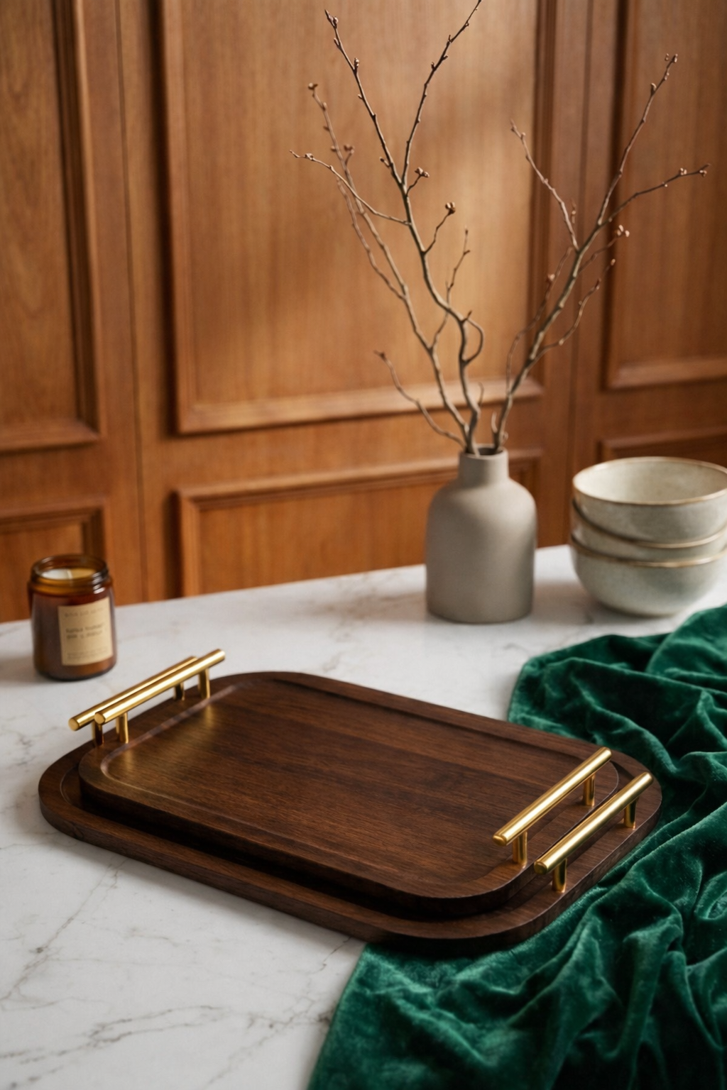 Ensemble de 2 Plateaux en Bois Marron Foncé avec Poignées Dorées - MBH
