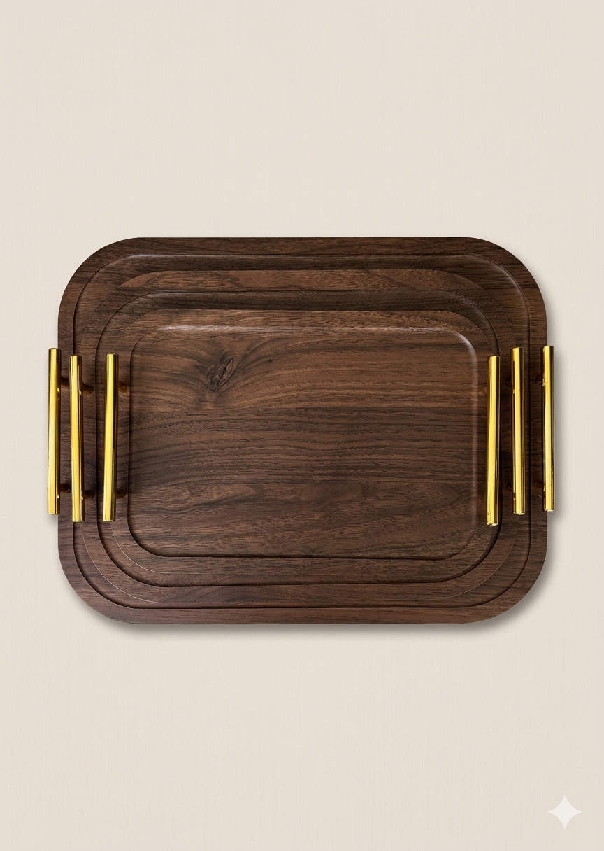 Ensemble de 3 Plateaux en Bois Marron Foncé avec Poignées Dorées - MBH
