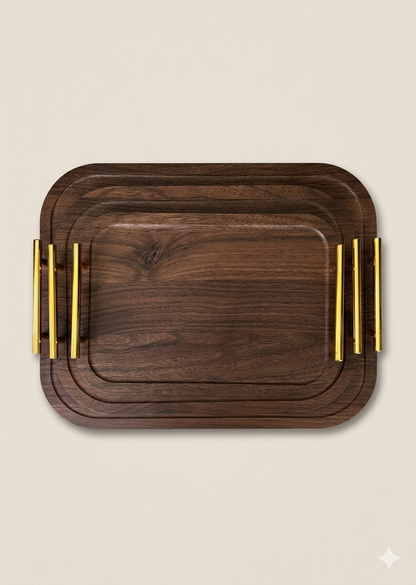 Ensemble de 3 Plateaux en Bois Marron Foncé avec Poignées Dorées - MBH