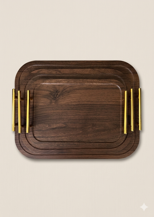 Ensemble de 3 Plateaux en Bois Marron Foncé avec Poignées Dorées - MBH