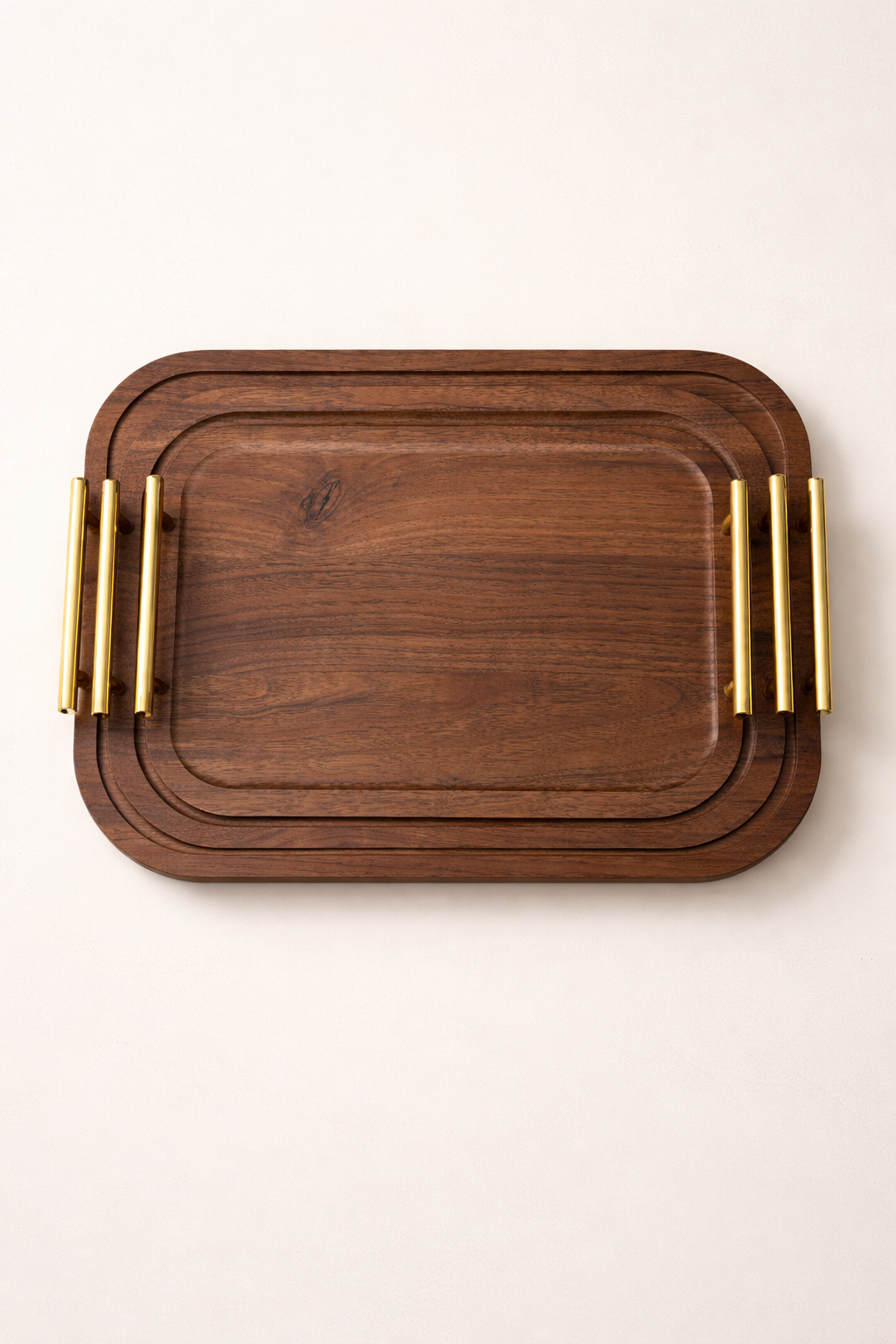 Ensemble de 3 Plateaux en Bois Brun avec Poignées Dorées - MBH