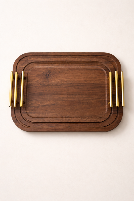 Ensemble de 3 Plateaux en Bois Brun avec Poignées Dorées - MBH