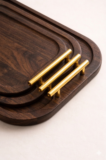 Ensemble de 3 Plateaux en Bois Marron Foncé avec Poignées Dorées - MBH