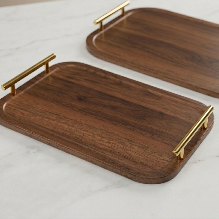 Ensemble de 2 Plateaux en Bois Brun avec Poignées Dorées - MBH