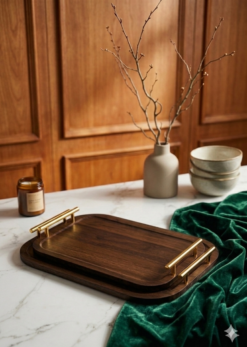 Ensemble de 2 Plateaux en Bois Marron Foncé avec Poignées Dorées - MBH