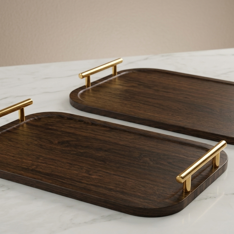 Ensemble de 2 Plateaux en Bois Marron Foncé avec Poignées Dorées - MBH