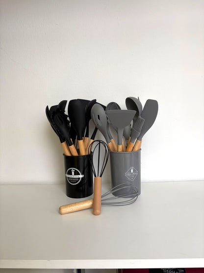 Ensemble de 12 Ustensiles de Cuisine Silicone & Bois – MBH